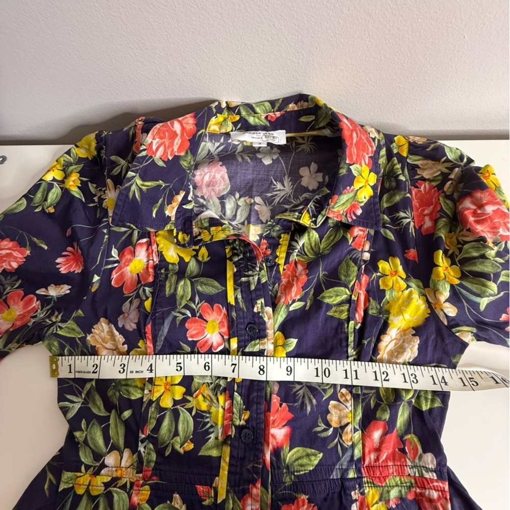 Marissa Webb Multi Floral Printed Puff Sleeve Shirt Dress Size 2 Navy Blue - Picture 10 of 11